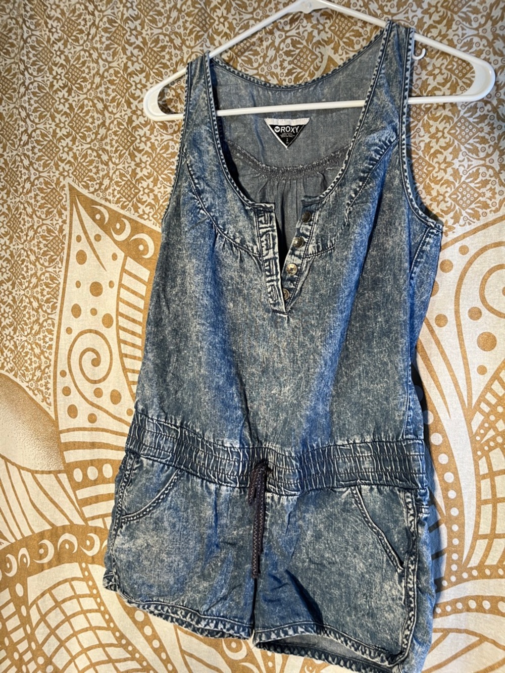 Roxy Acid-Washed Denim Romper in Washed Blue